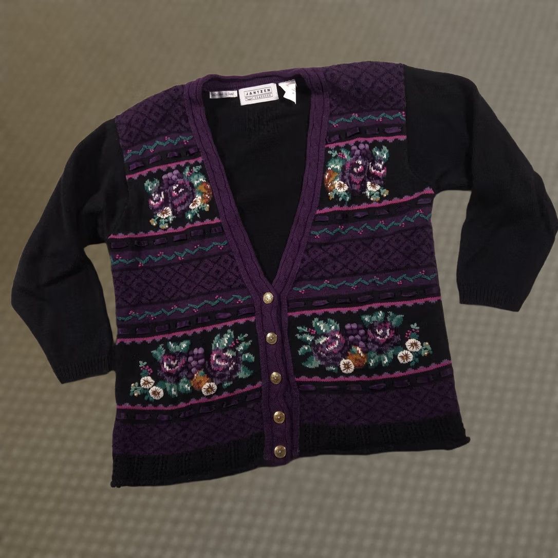 Jantzen VINTAGE Jantzen Cardigan Sweater Womens Large Black Purple Embroidered 90s Size L / US 10 / IT 46 - 1 Thumbnail