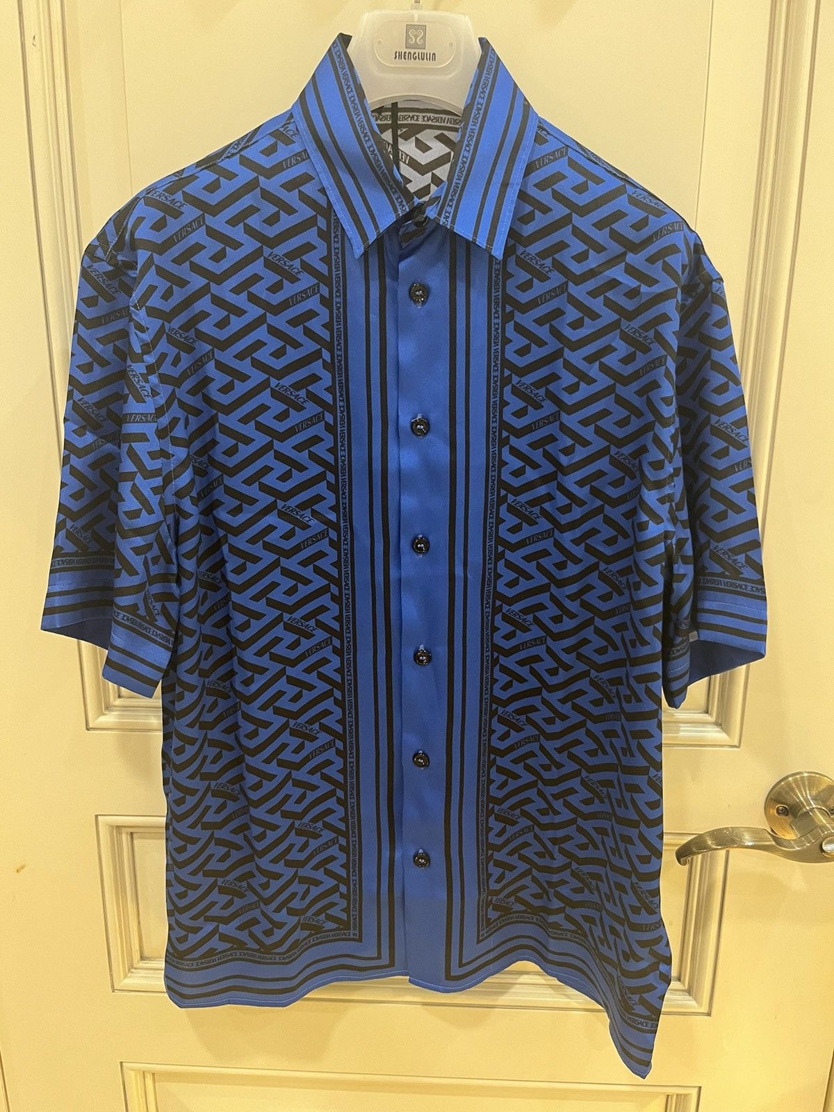 image of Versace Greca Print Blue Polyster Short Sleeved Shirt Size46, Men's (Size Small)