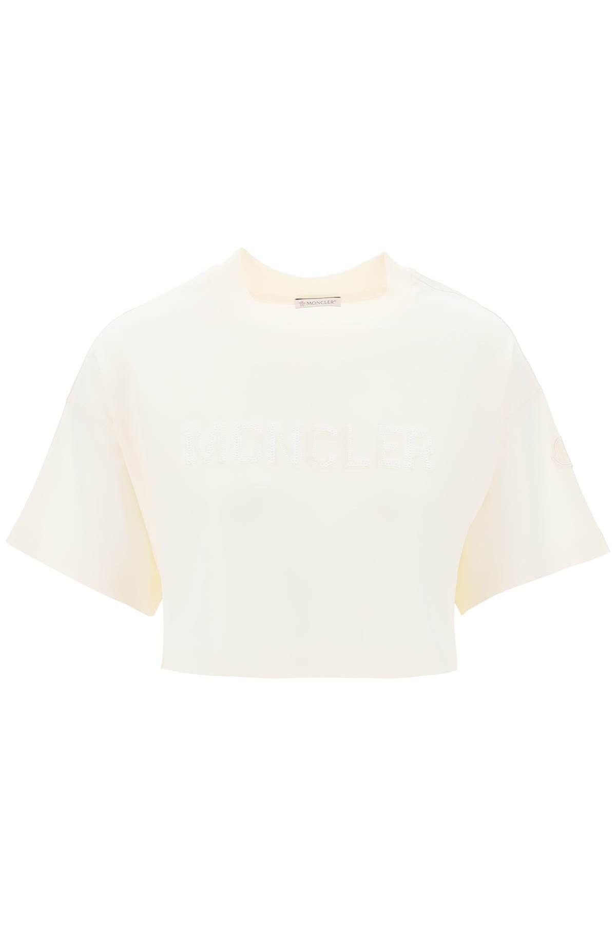 image of Moncler Cropped T-Shirt With Sequin Logo in Natural, Women's (Size Small)
