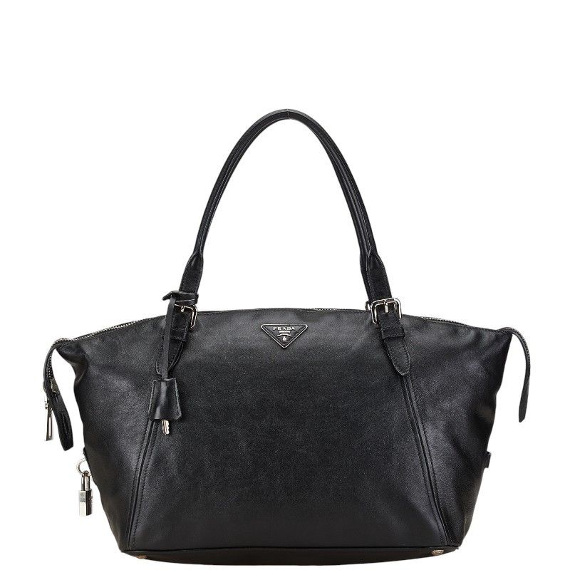 Prada Prada Prada Leather Triangle Logo Plate Boston Bag Handbag Black Leather Handbag in Very Good Condition Size ONE SIZE - 1 Thumbnail