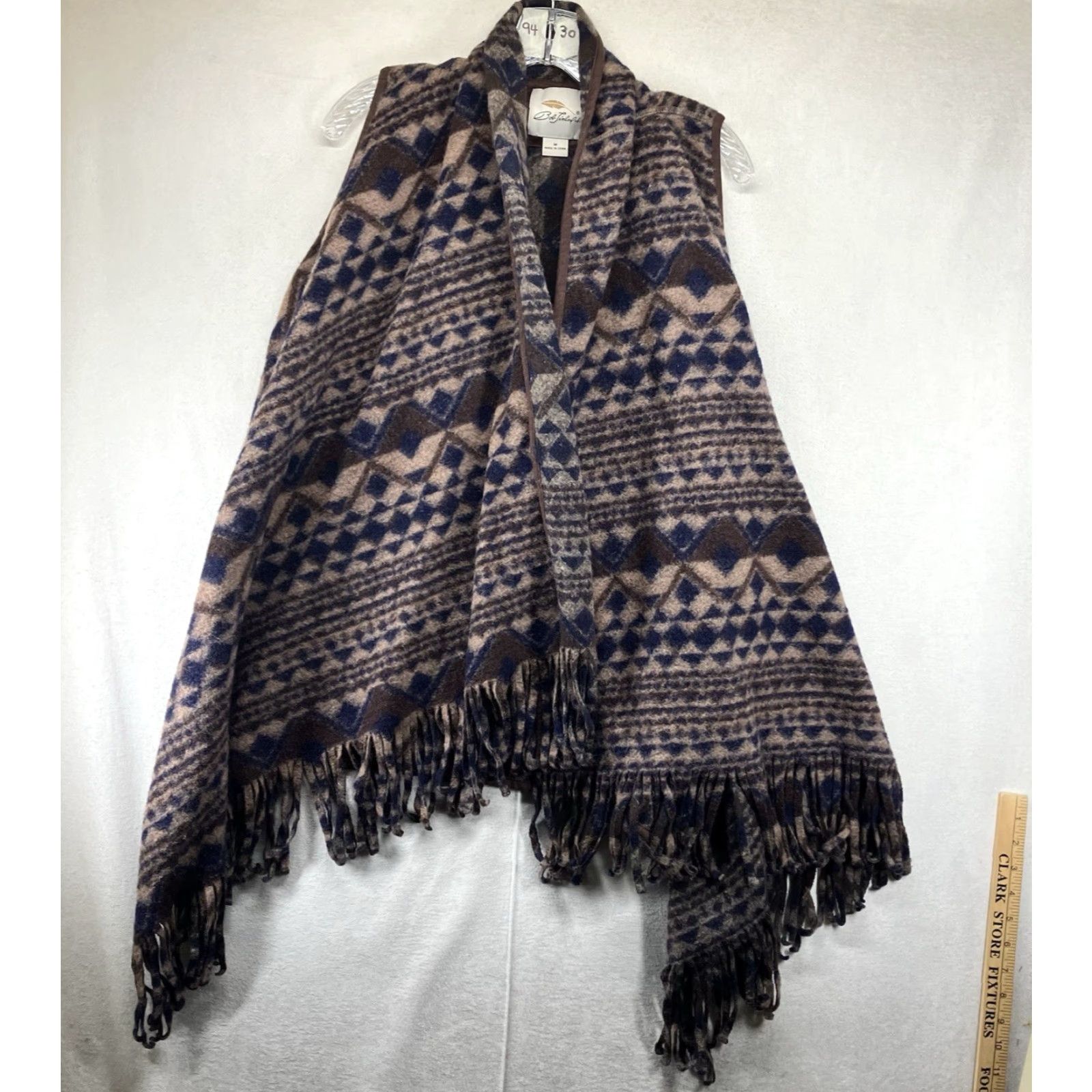 Vintage Bob Timberlake Women's Poncho Cape Shawl Wool Blend Open Front Geometric Fringe Brown Mid-Length Knit Casual 80s Western Art Bohemian Relaxed Size M Size M / US 6-8 / IT 42-44 - 2 Thumbnail