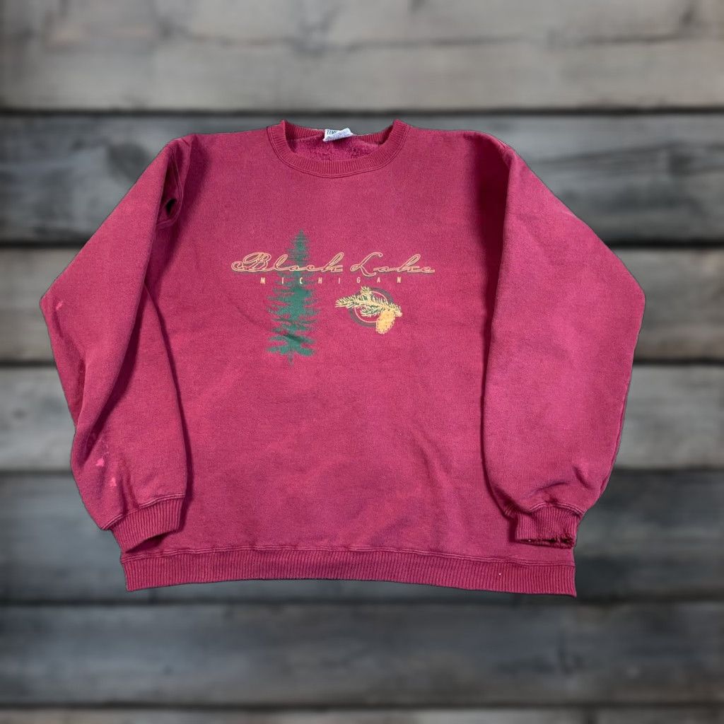 Vintage VTG Black Lake Michigan Sweatshirt Adult Medium Dark Red Crewneck Time Out Logo US Made 90s City Nature Outdoor Retro Mens Size US M / EU 48-50 / 2 - 1 Thumbnail
