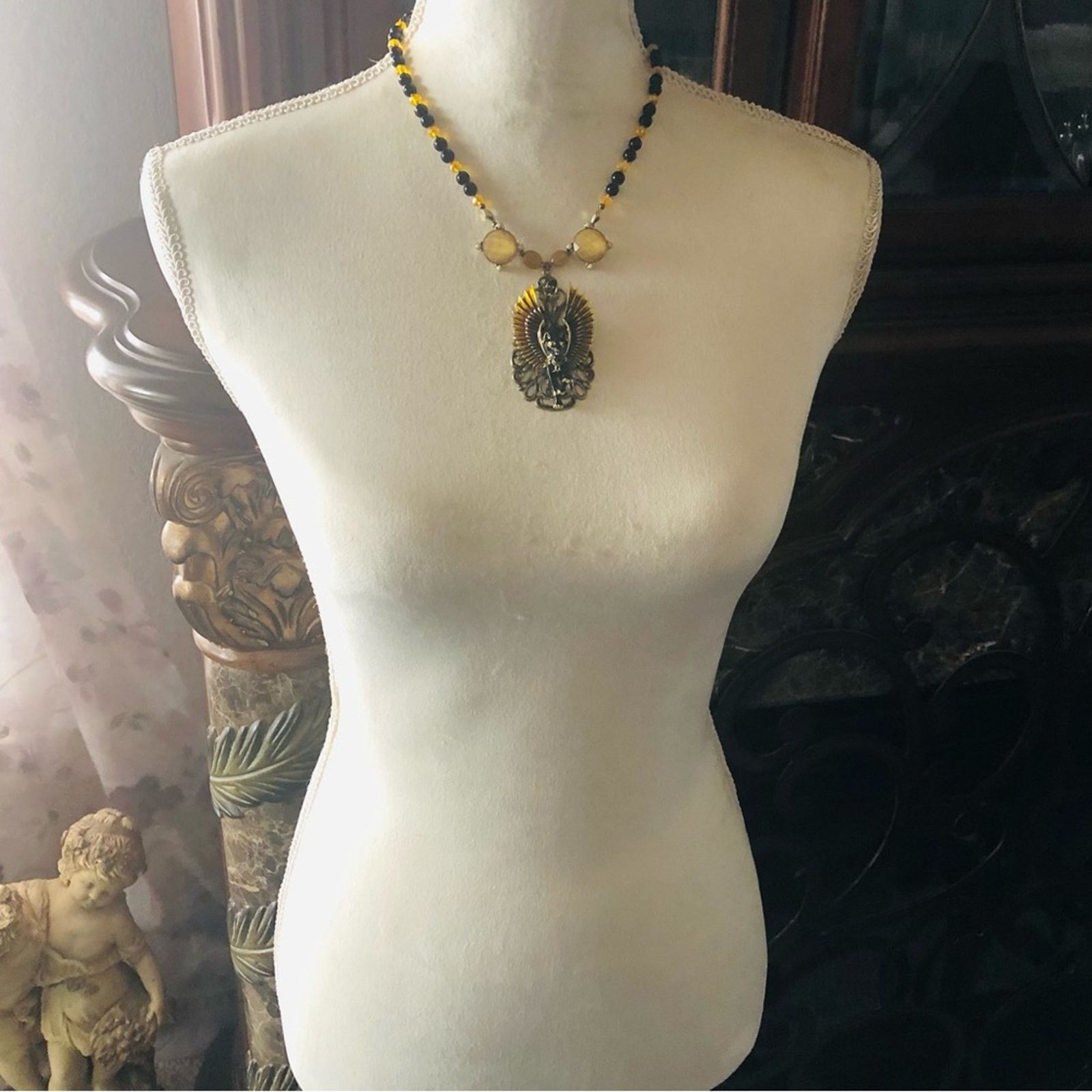 Handmade Handcrafted repurpose enamel Egyptian cat Pearl necklace Size ONE SIZE - 6 Thumbnail