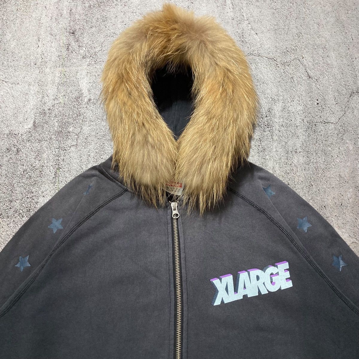 Japanese Brand Vintage Trashed Xlarge Stars Logo Fur Ziphoodie Y2k Black Size US XL / EU 56 / 4 - 3 Thumbnail