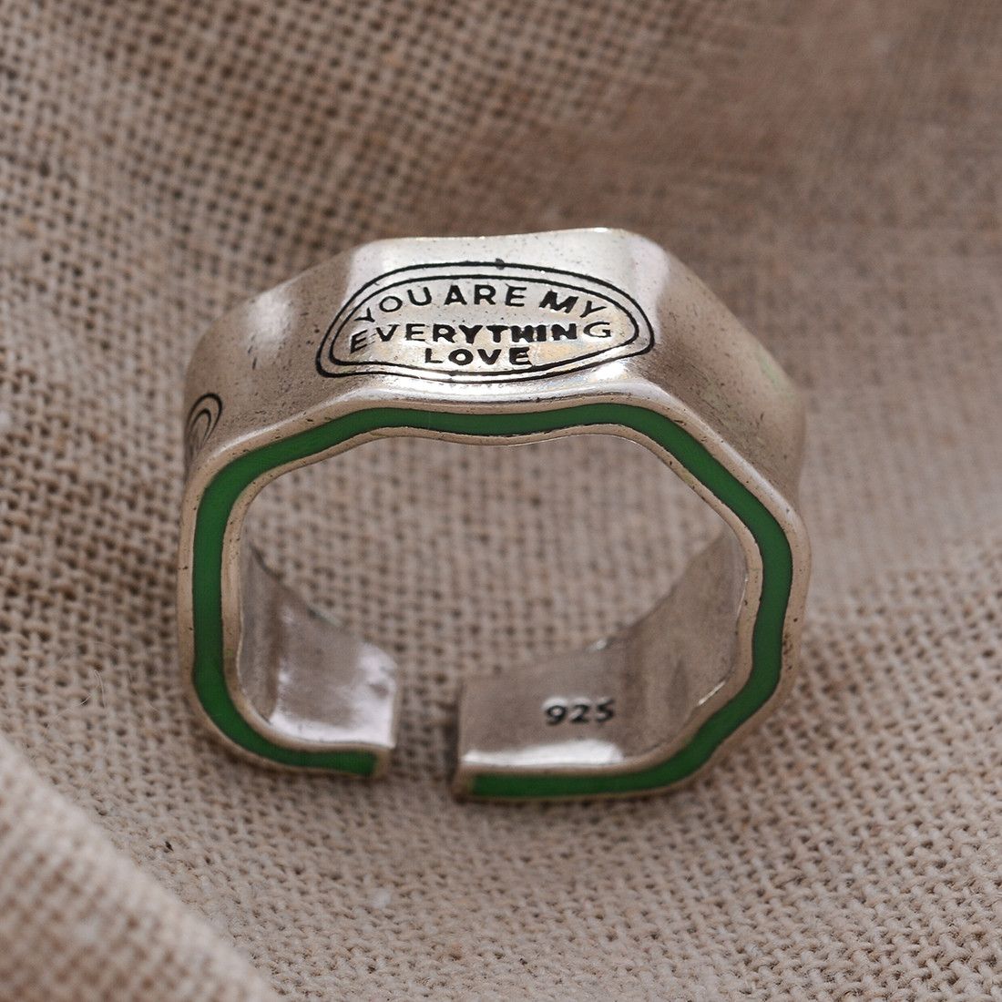 Japanese Brand × Vintage Elegant Letter Carving Green Stripe Design Retro Ring Size ONE SIZE - 3 Thumbnail