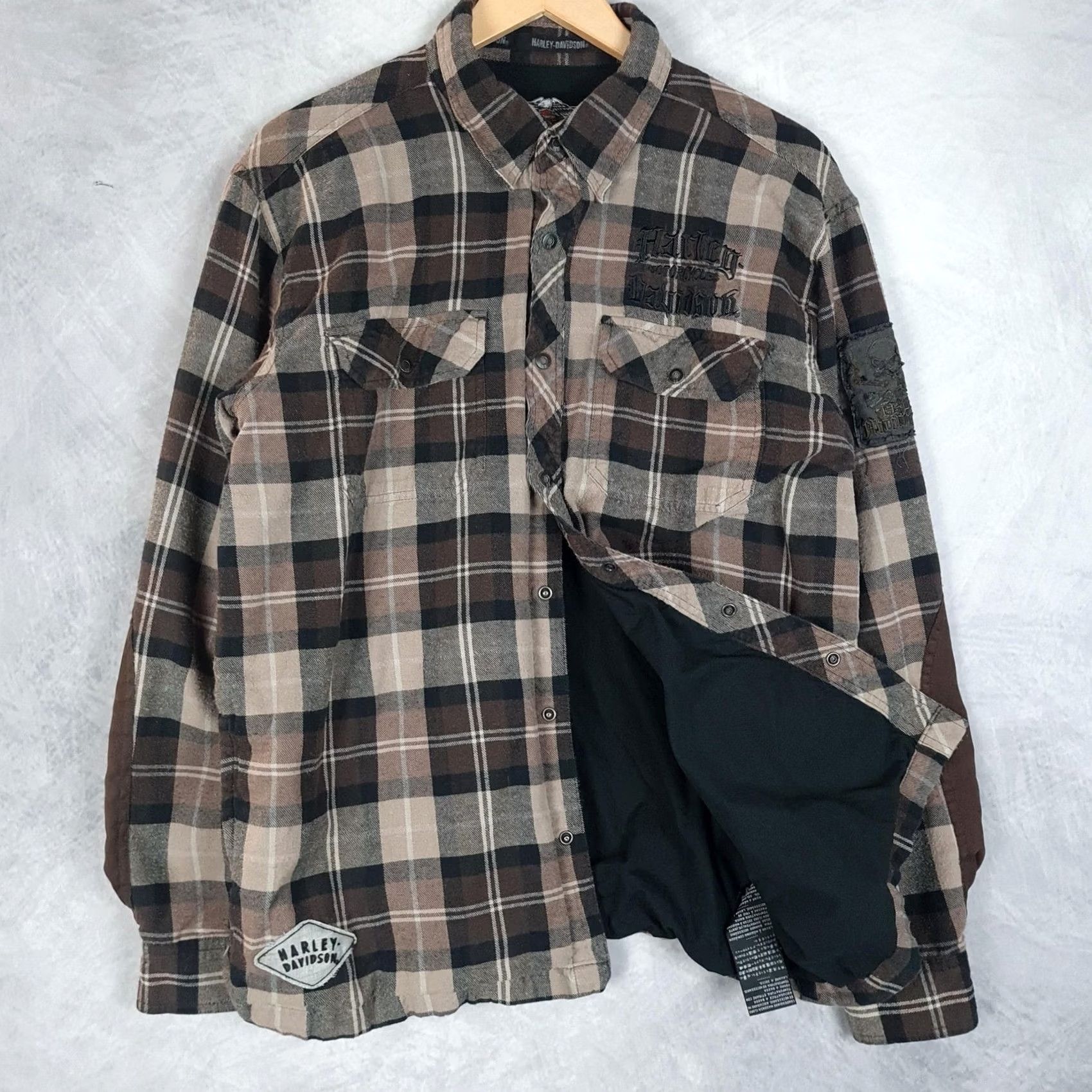 Harley Davidson Harley-Davidson Shirt Jacket Mens Large Brown Plaid Flannel Skull Lined Patch Jacket Size US L / EU 52-54 / 3 - 2 Thumbnail