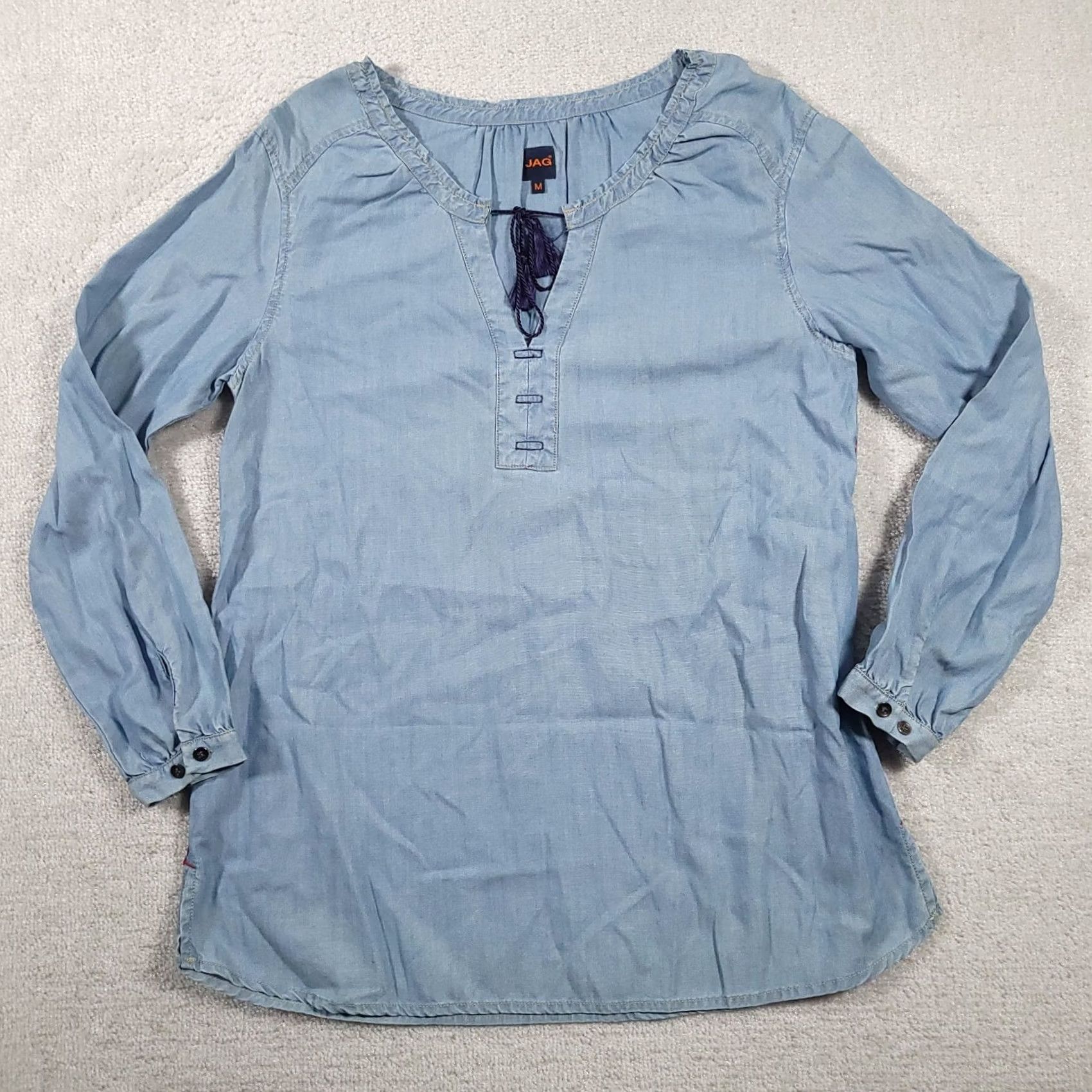 Vintage JAG Chambray Tassled V-Neck Long Sleeve Shirt Womens Medium Blue Size M / US 6-8 / IT 42-44 - 2 Thumbnail