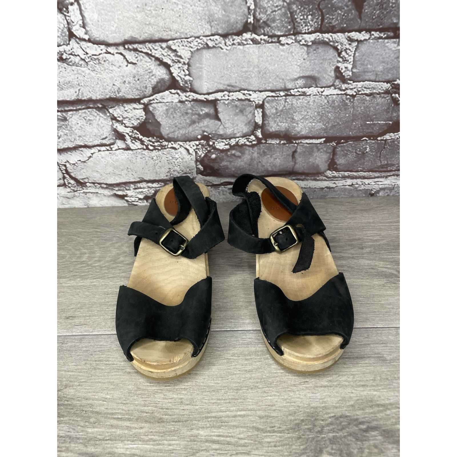 Other Mabo Black Leather Peep Toe Strap Sweden Clogs Heel Sandals Size US 4 / IT 34 - 8 Thumbnail