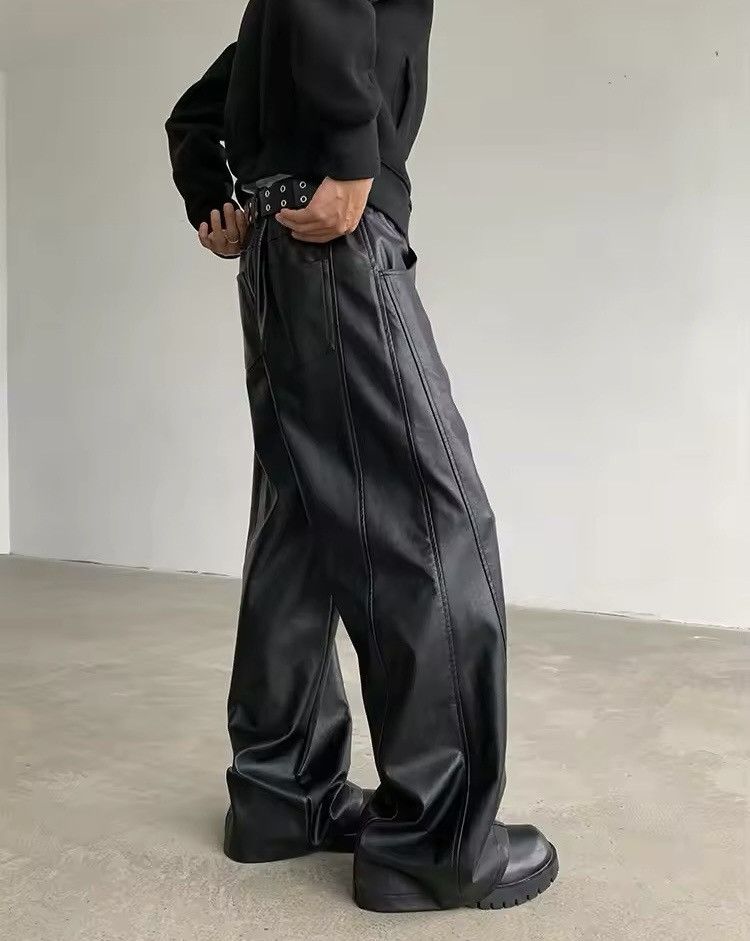 Japanese Brand Streetwear Casual Pu Leather Straight Wide Leg Trousers Size US 33 - 2 Thumbnail