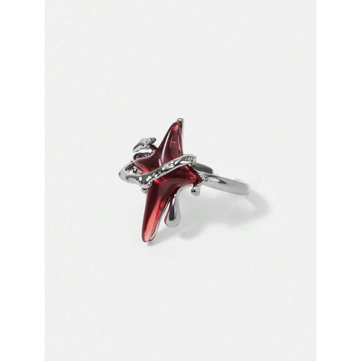 Other Goth Emo Punk Avante Garde Silver Ring with Red Star Design Size ONE SIZE - 3 Thumbnail