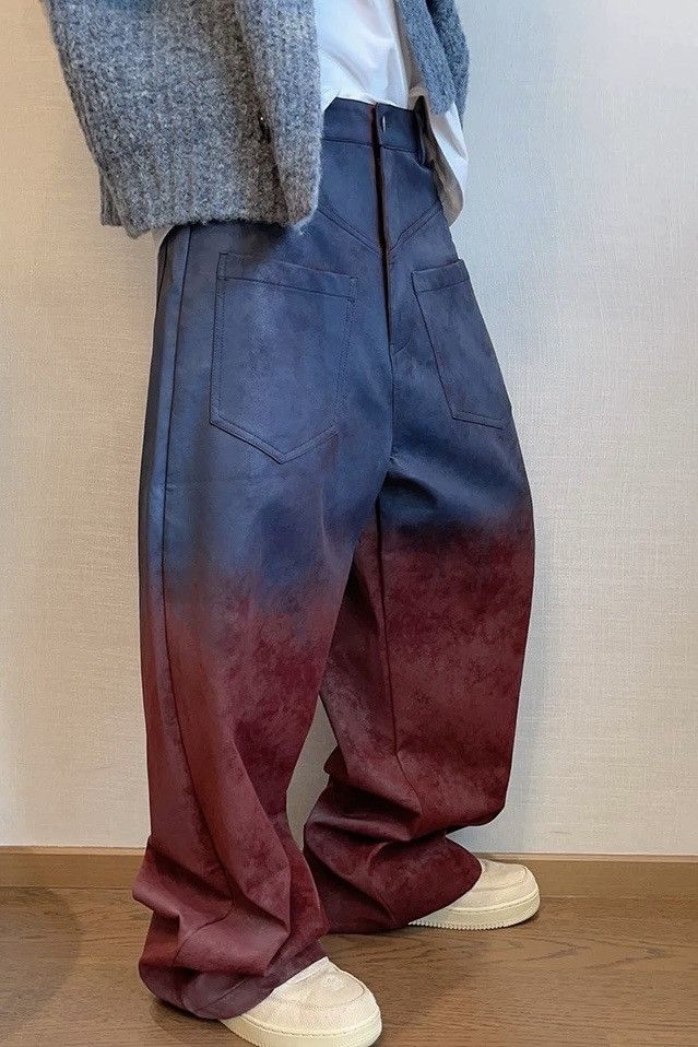 Avant garde reverse front washed pu leather gradient pants
