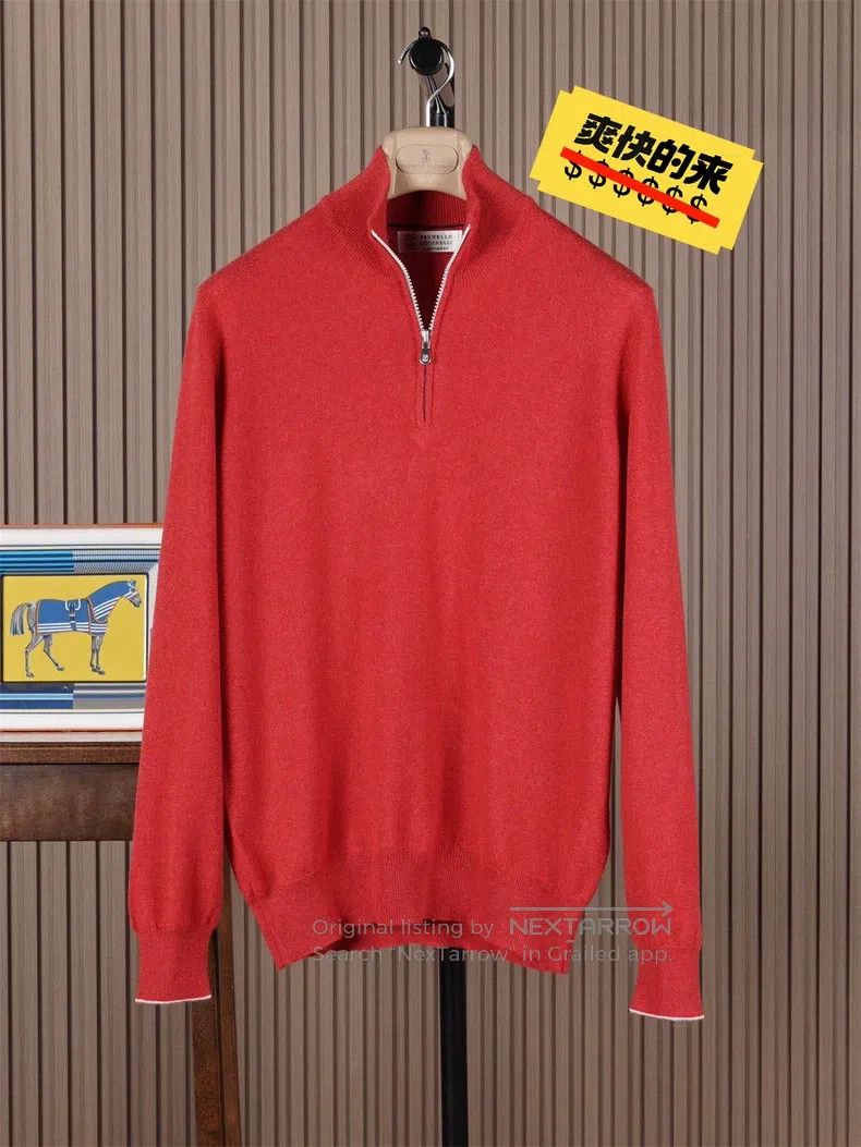 Brunello Cucinelli Brunello Cucinelli Men's red half-zip stand-up collar cash Size US M / EU 48-50 / 2 - 1 Thumbnail