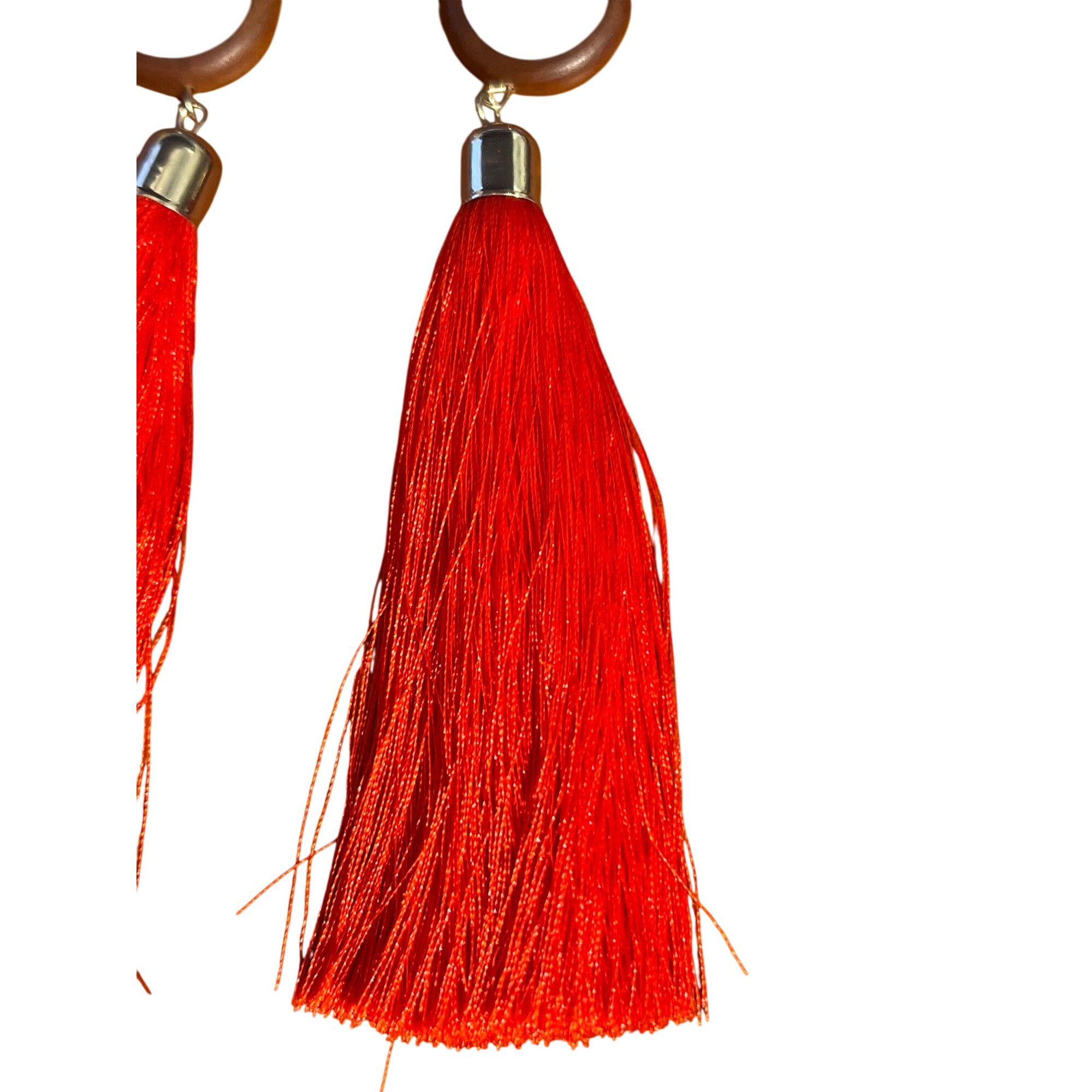 Other Long Red Tassel Earrings Wood Circles Pierced Silver Tone 6" Size ONE SIZE - 2 Thumbnail