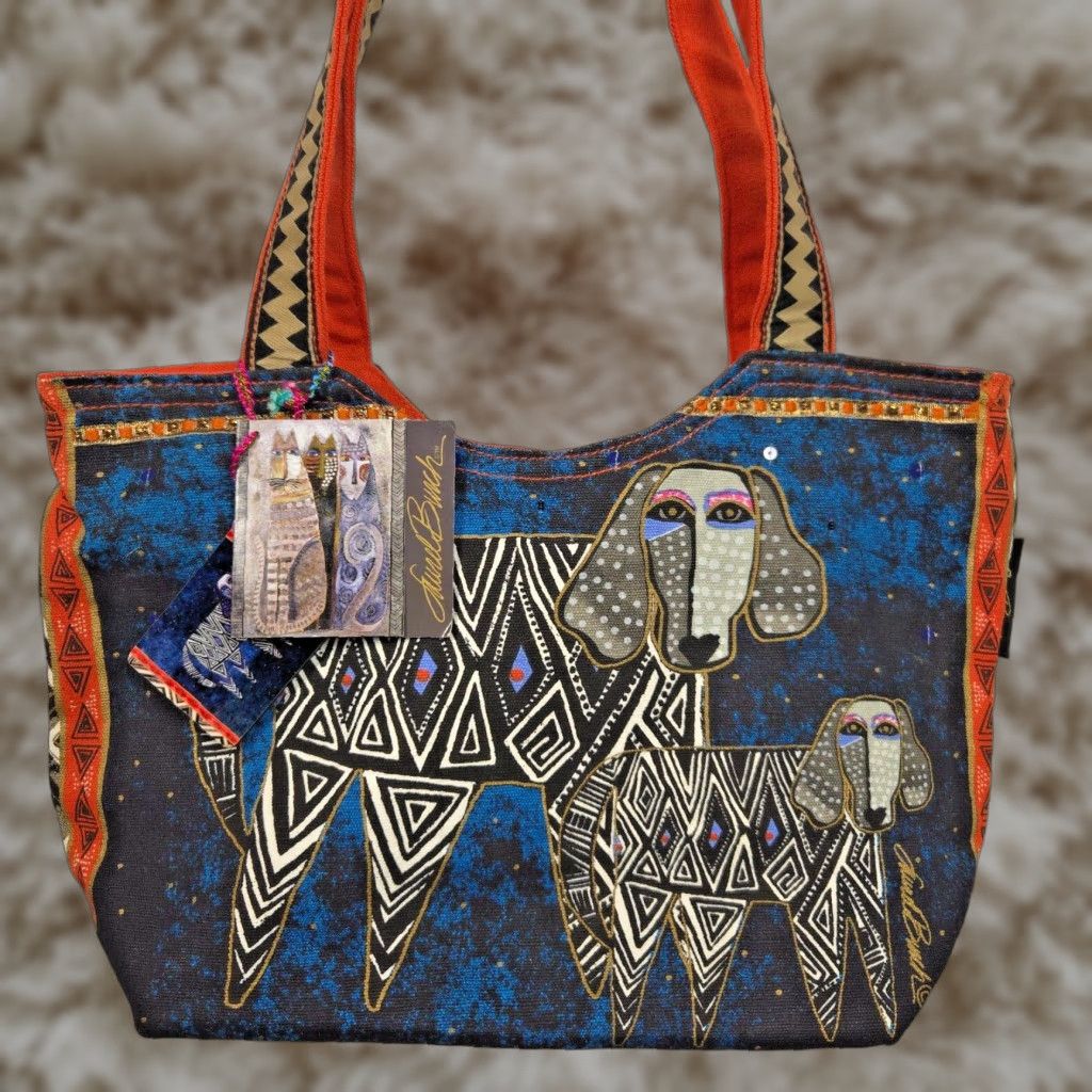 Vintage Laurel Burch Dog Pair Tote Shoulder Bag Medium Multicolor Whimsical Y2K Folk Art Womens in White