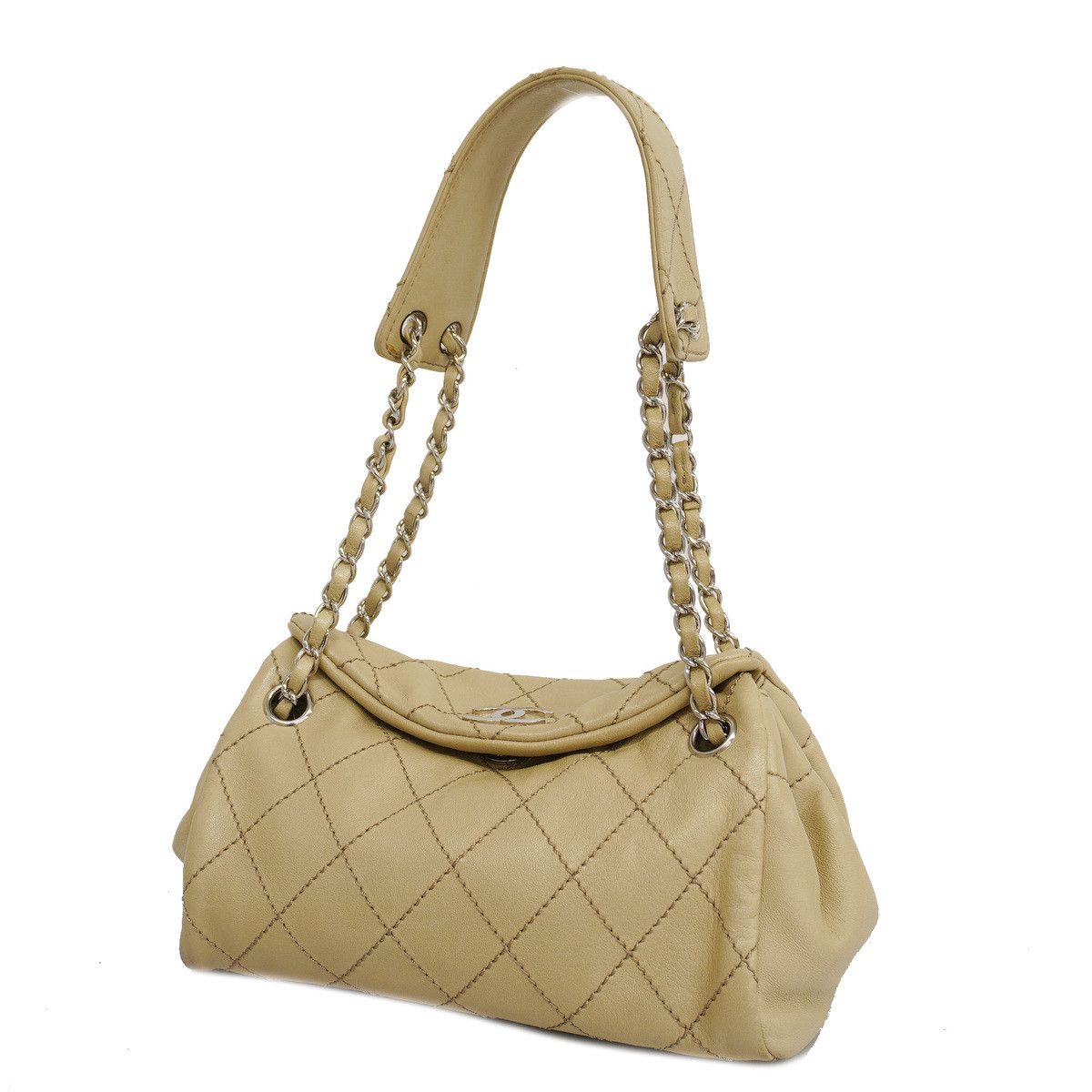 Chanel Shoulder Bag Wild Stitch Leather Beige Silver