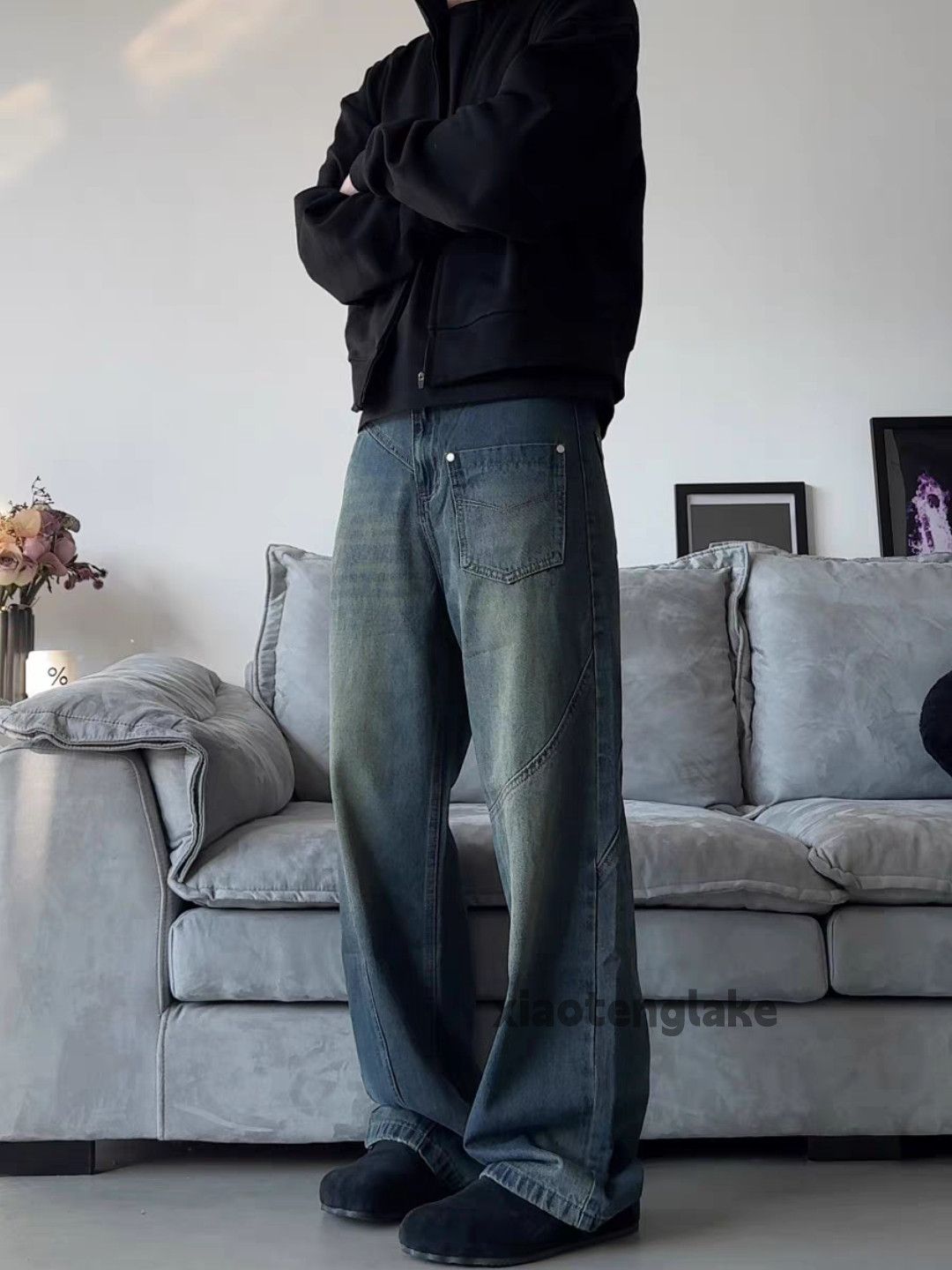 Jean × Vintage washed faded loose baggy skate hiphop patchwork jeans Size US 34 / EU 50 - 3 Thumbnail