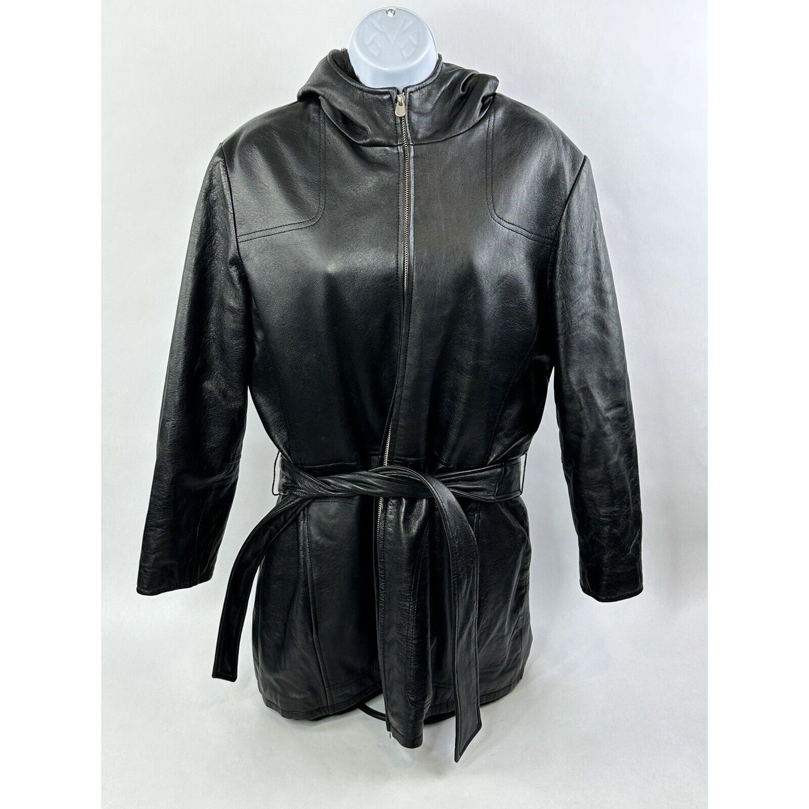 image of Vintage VTG Wilsons Leather Trench Coat Womens Large Black Hooded Faux Fur Lined Belted in White