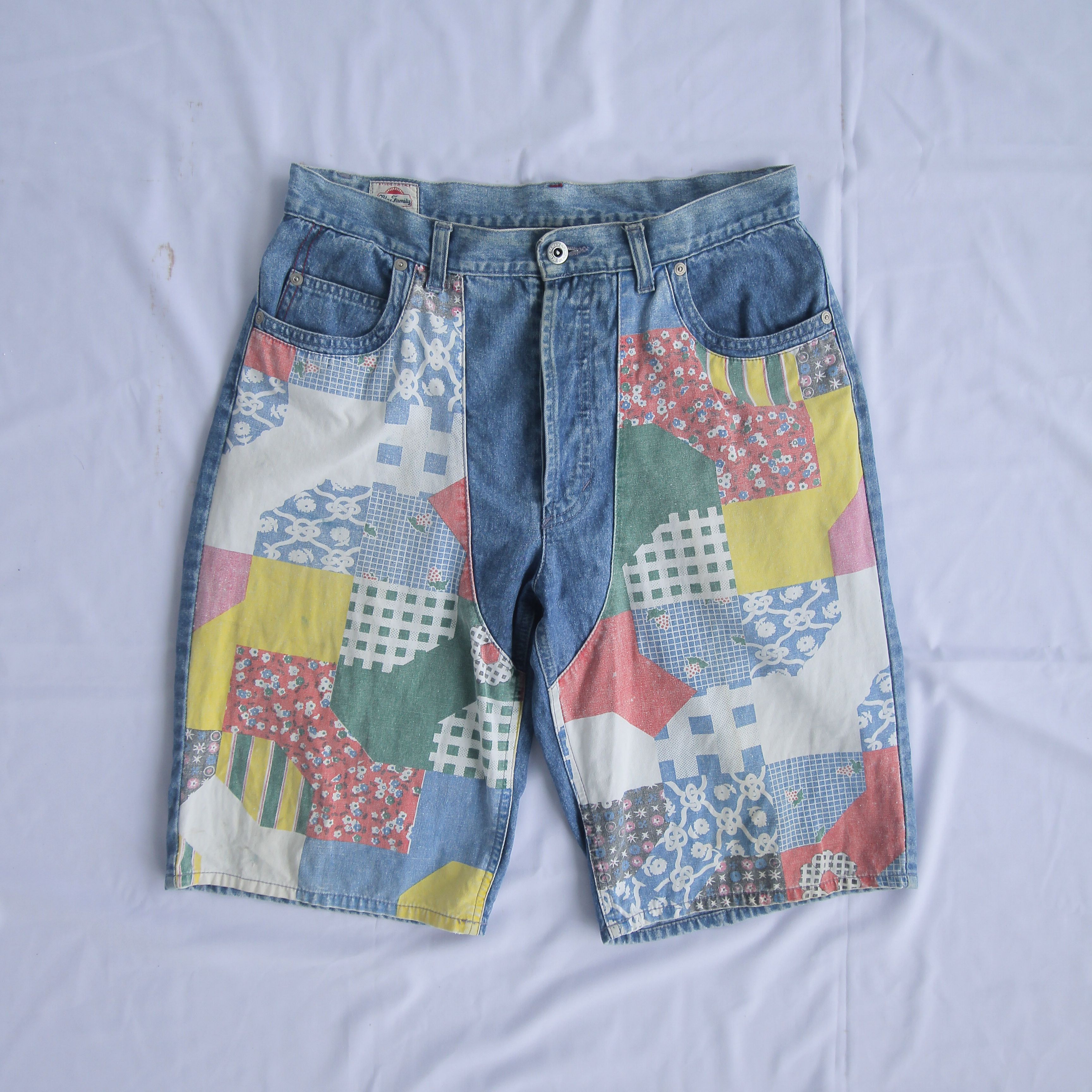 image of Benetton Blue Family Patchwork Short Jeans in Blue Patchwork, Men's (Size 30)