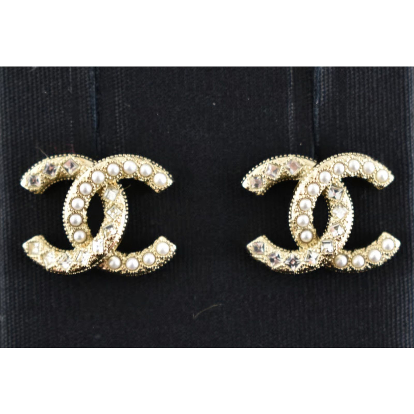 Chanel Chanel Gold Pearl Strass Crystal Statement Stud Earrings Size ONE SIZE - 1 Thumbnail