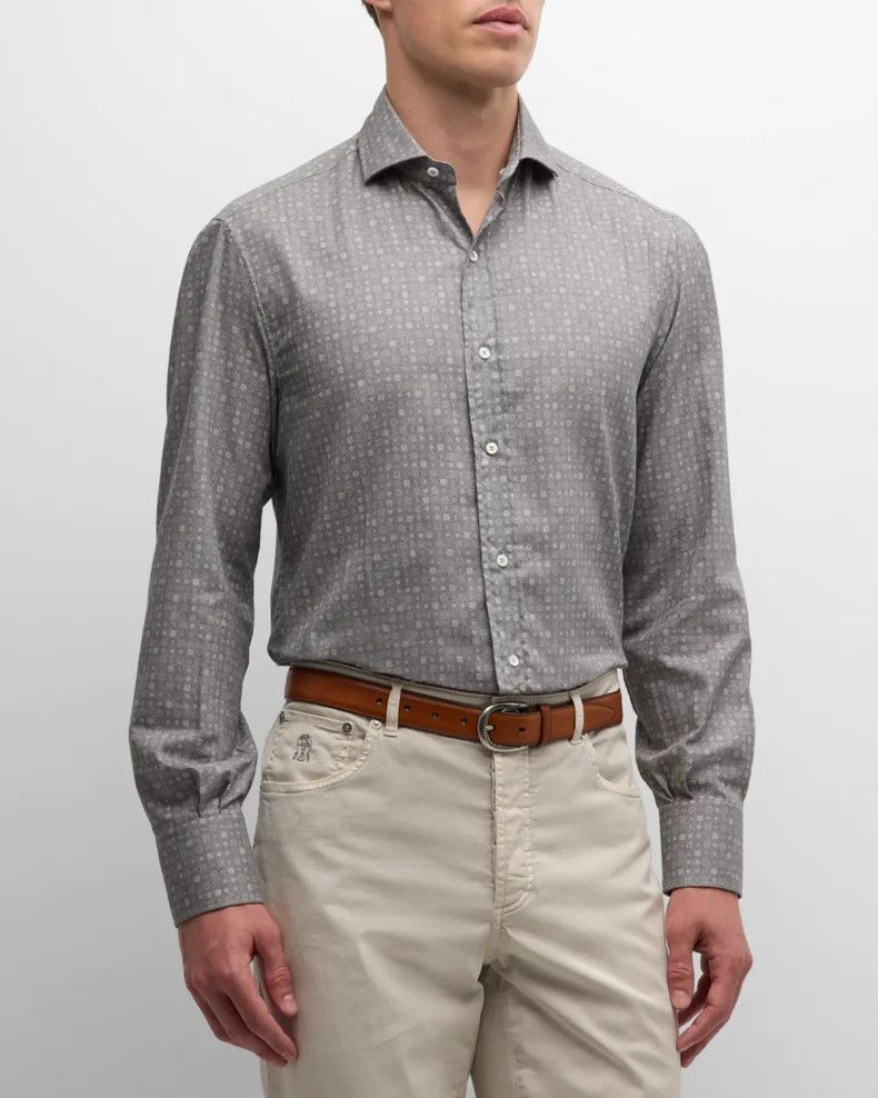 Brunello Cucinelli o1mtch0225 Geometric Print Cotton Sport Shirt in Grey Size US S / EU 44-46 / 1 - 3 Thumbnail