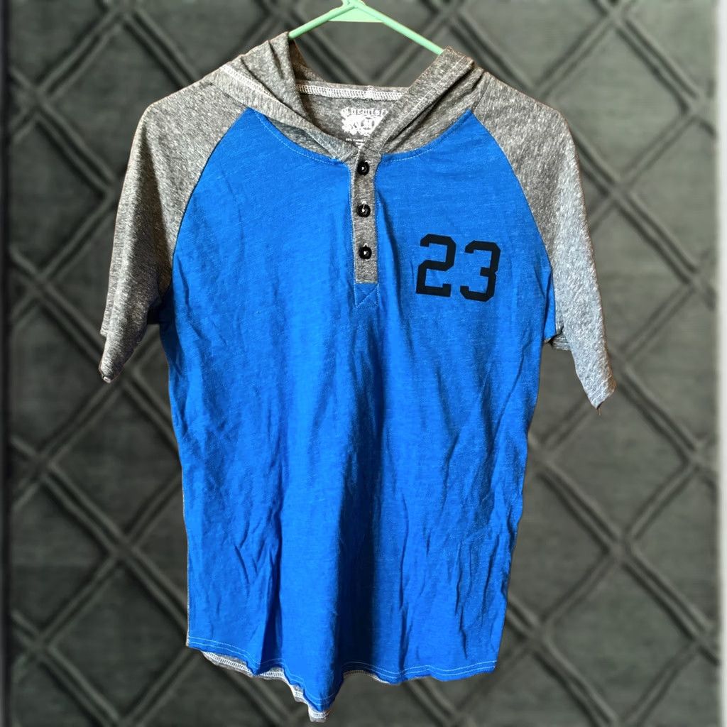 Vintage M & M Chemistry Men Henley Hooded Shirt M Short Sleeve Gray Blue B517Mens Shirt Size US M / EU 48-50 / 2 - 1 Thumbnail