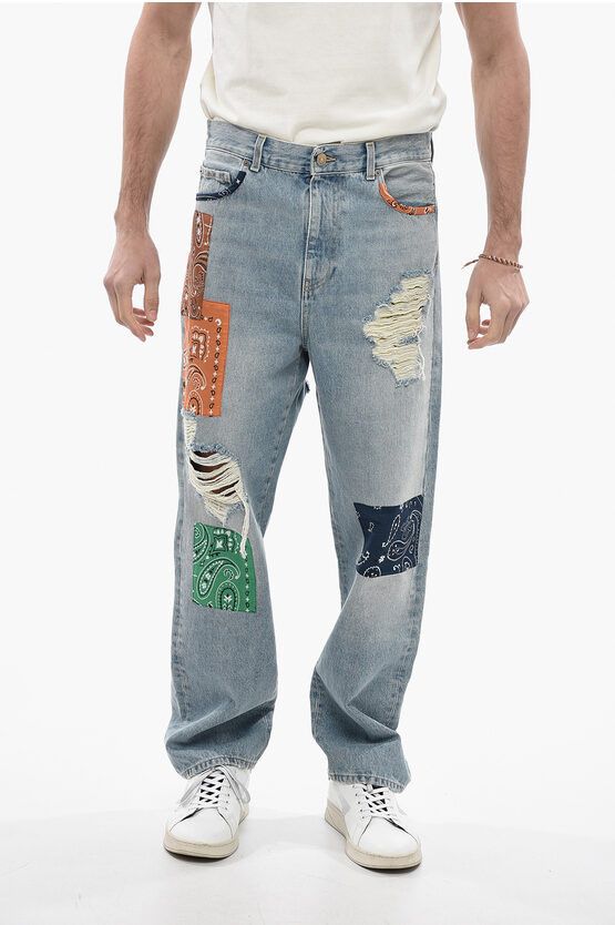image of Alanui Distressed Denim Baggy Jeans With Bandana Patches 21Cm in Light Blue, Men's (Size 30)