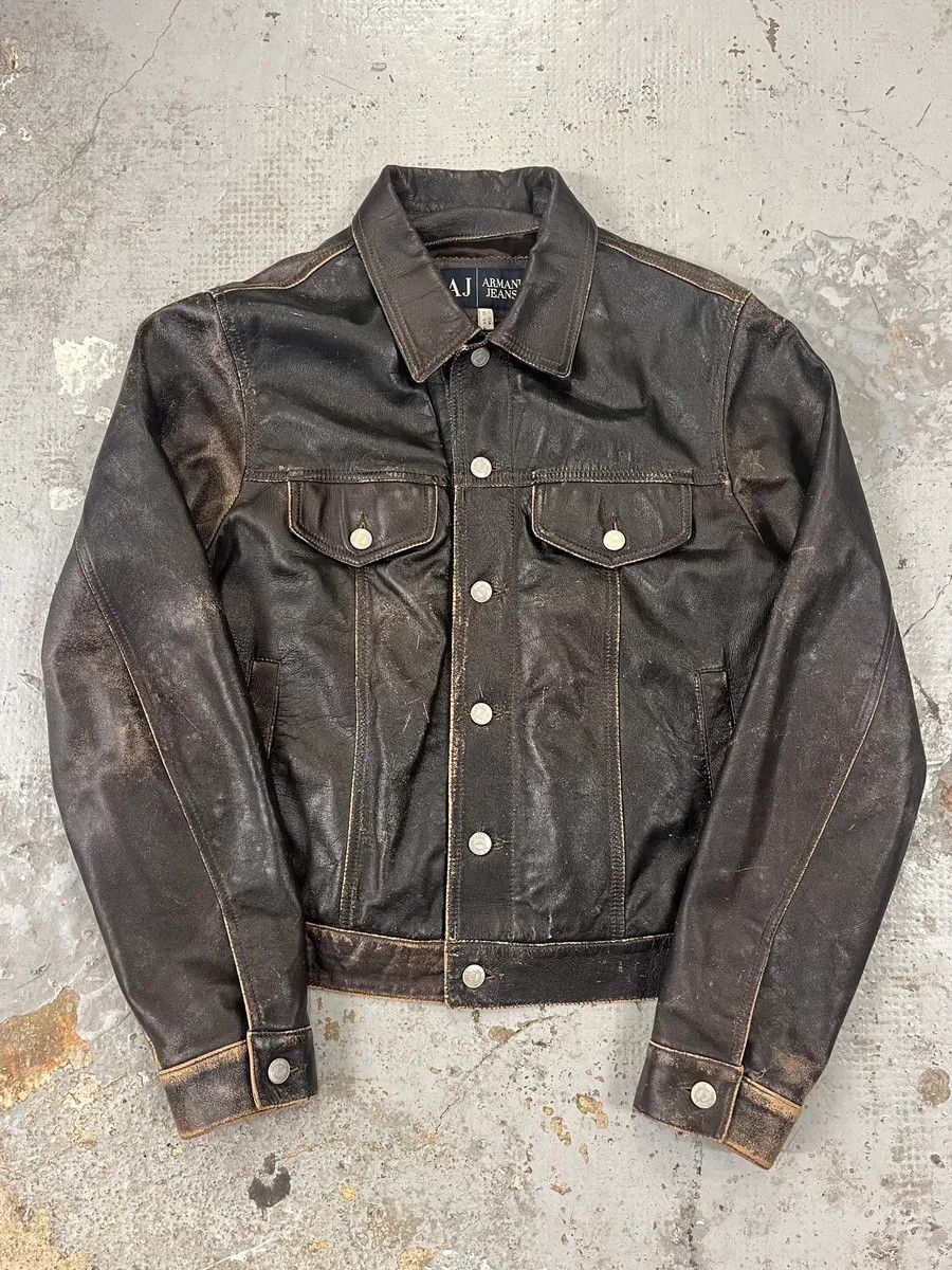 Armani 2000s Armani Trucker Faded Brown Leather Buttoned Jacket Size US M / EU 48-50 / 2 - 1 Thumbnail