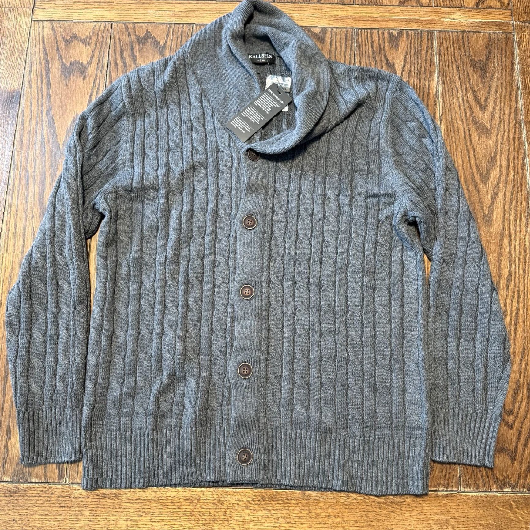 Vintage Kallspin Cardigan Sweater Mens Large Gray Fisherman Cable Knit Wool Blend New Size US L / EU 52-54 / 3 - 2 Thumbnail