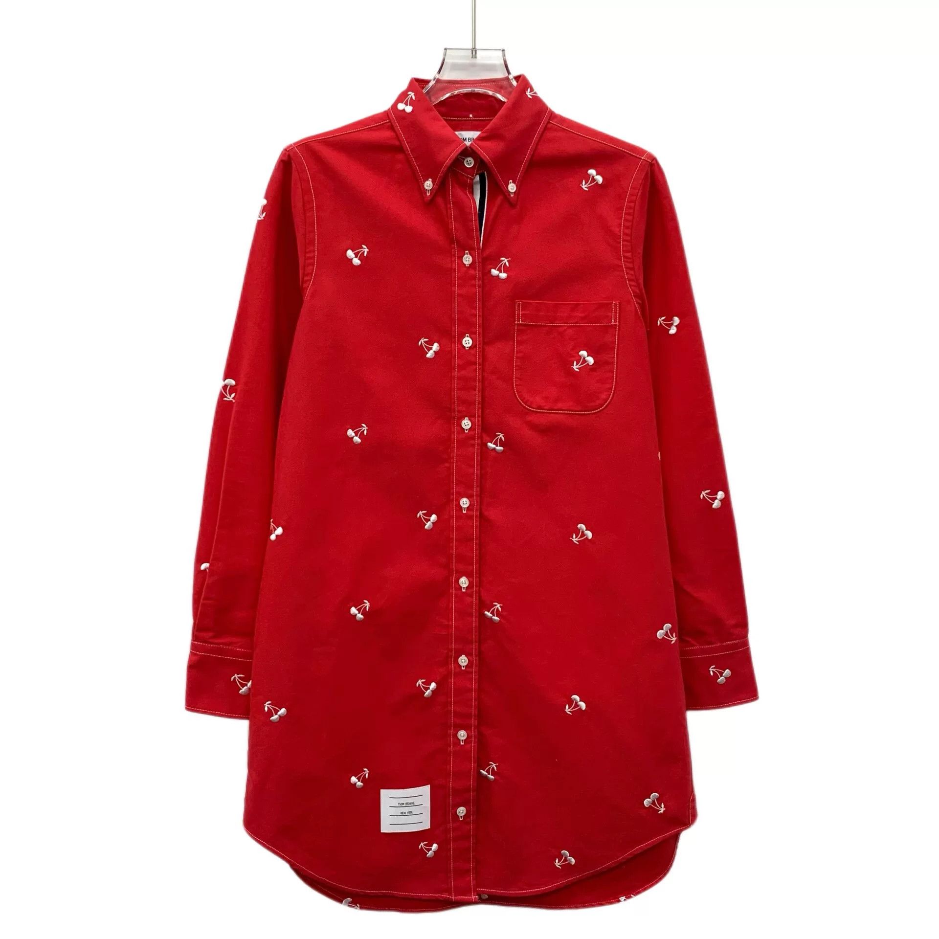 thom browne red cherry embroidered long sleeve shirt