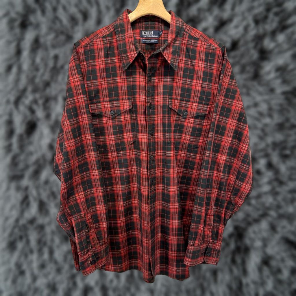 Polo Ralph Lauren VINTAGE Polo Ralph Lauren Woodsman Workshirt Button Up Shirt XL Mens Plaid Red Black 90s Size US XL / EU 56 / 4 - 1 Thumbnail