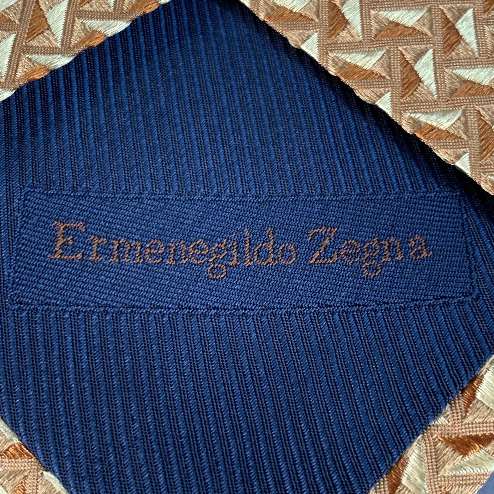 Ermenegildo Zegna ERMENEGILDO ZEGNA Beige Tan Geometric Jacquard Silk Tie Size ONE SIZE - 4 Thumbnail