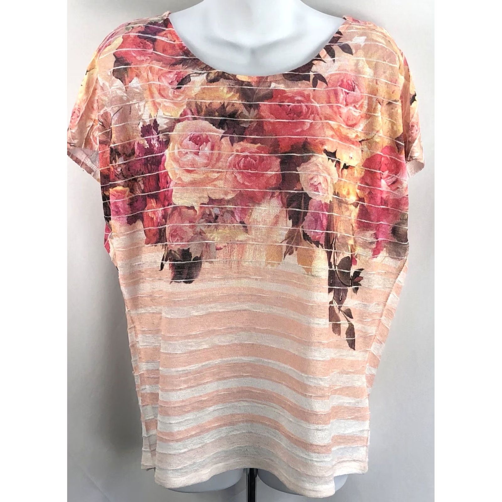 Vintage VINTAGE Dressbarn Blouse Shirt Womens M Pink-Peach Floral Roses Boatneck Dolman Sleeve Knit Top Bohemian Hippie Cottage Casual All Seasons Size M / US 6-8 / IT 42-44 - 2 Thumbnail