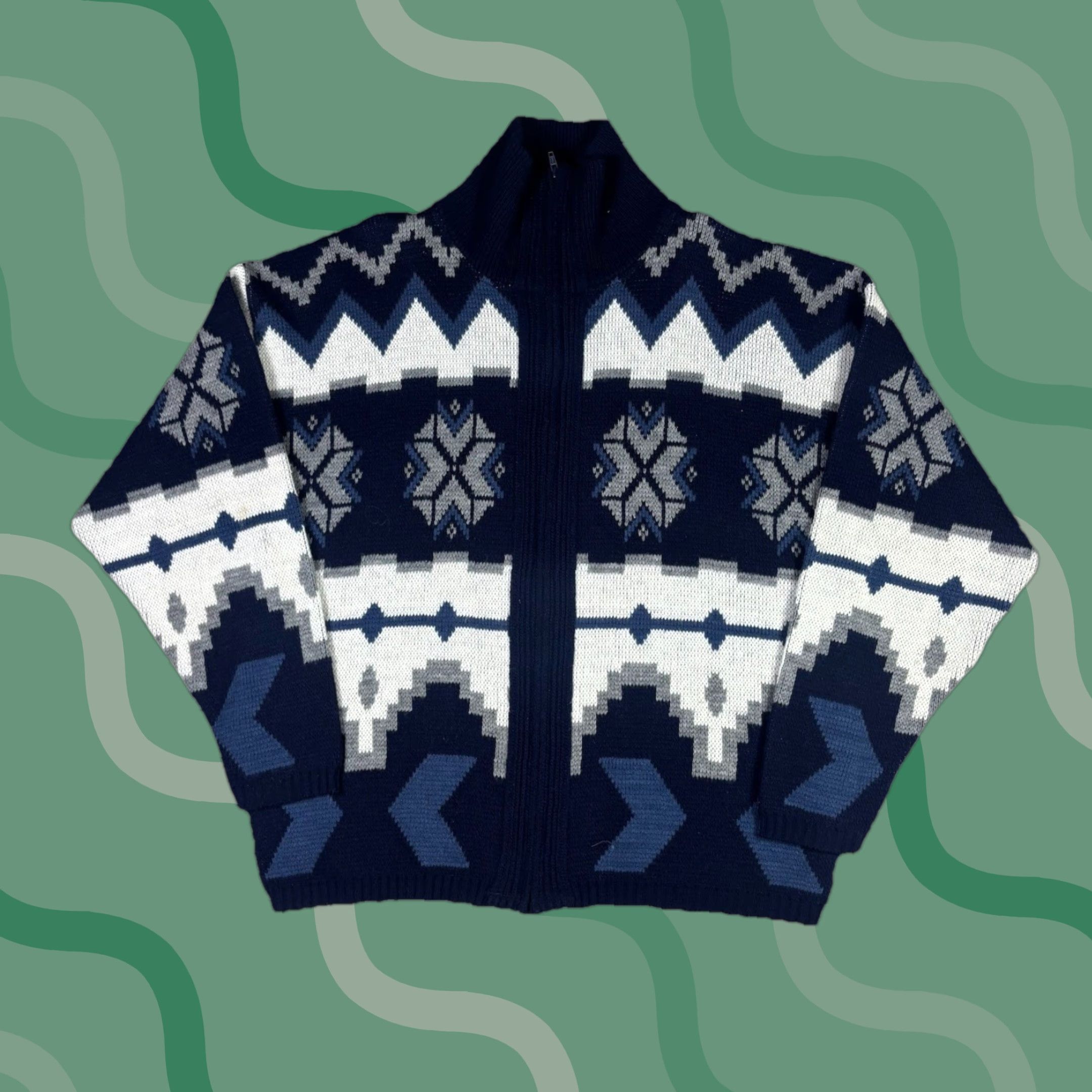 Vintage VINTAGE Full Zip Sweater 90s Blue Acrylic XL Men Crew Neck Knit - Comfort Knits Pattern Snowflake Angl?? Size US XL / EU 56 / 4 - 1 Thumbnail