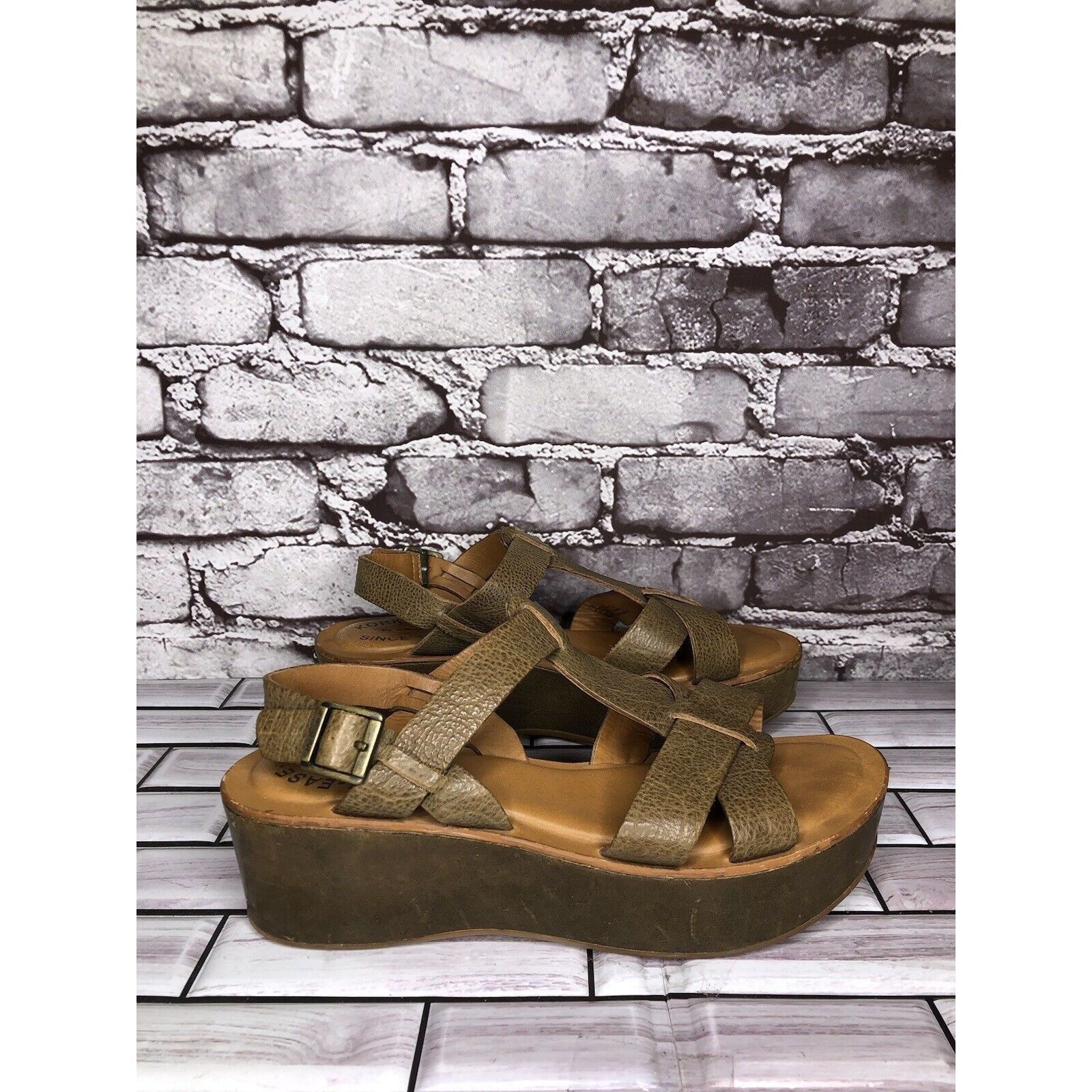 Other Kork-Ease Olive Green Leather Platform Wedge Ankle Strap San Size US 6 / IT 36 - 1 Thumbnail