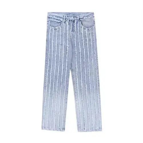 Japanese Brand × Jean Unisex Striped Frayed Ripped Tassel Jeans Pants Size US 33 - 3 Thumbnail