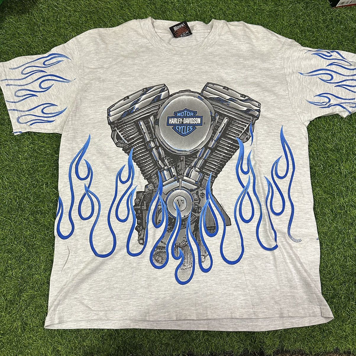 image of 1996 Harley Davidson Blue Flame Aop Shirt, Men's (Size Large)
