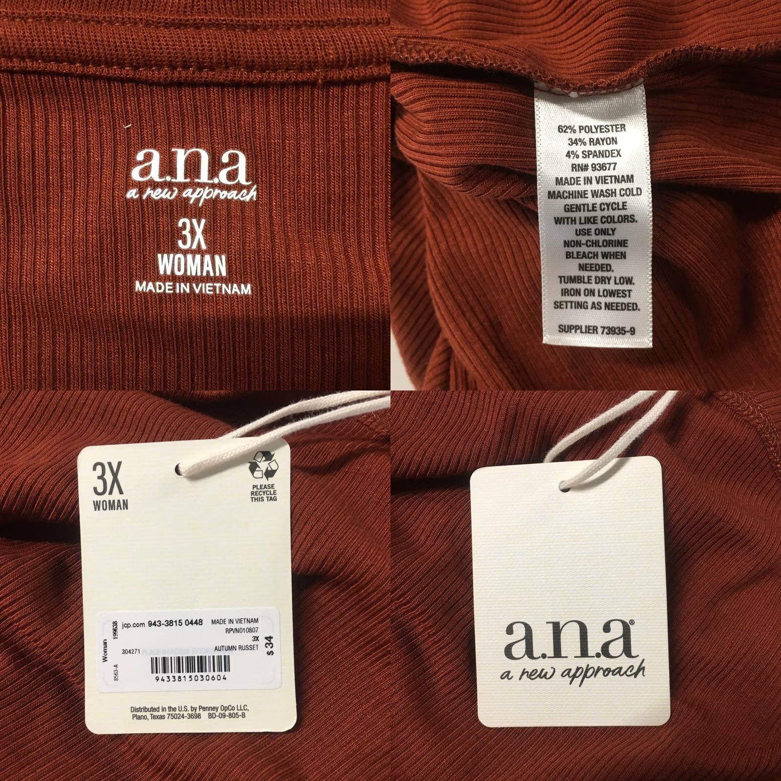 Vintage ANA A New Approach Henley Tunic T-Shirt Womens 3X Autumn Russet Ribbed Knit NEW Size XXL / US 16-18 / IT 52-54 - 10 Thumbnail