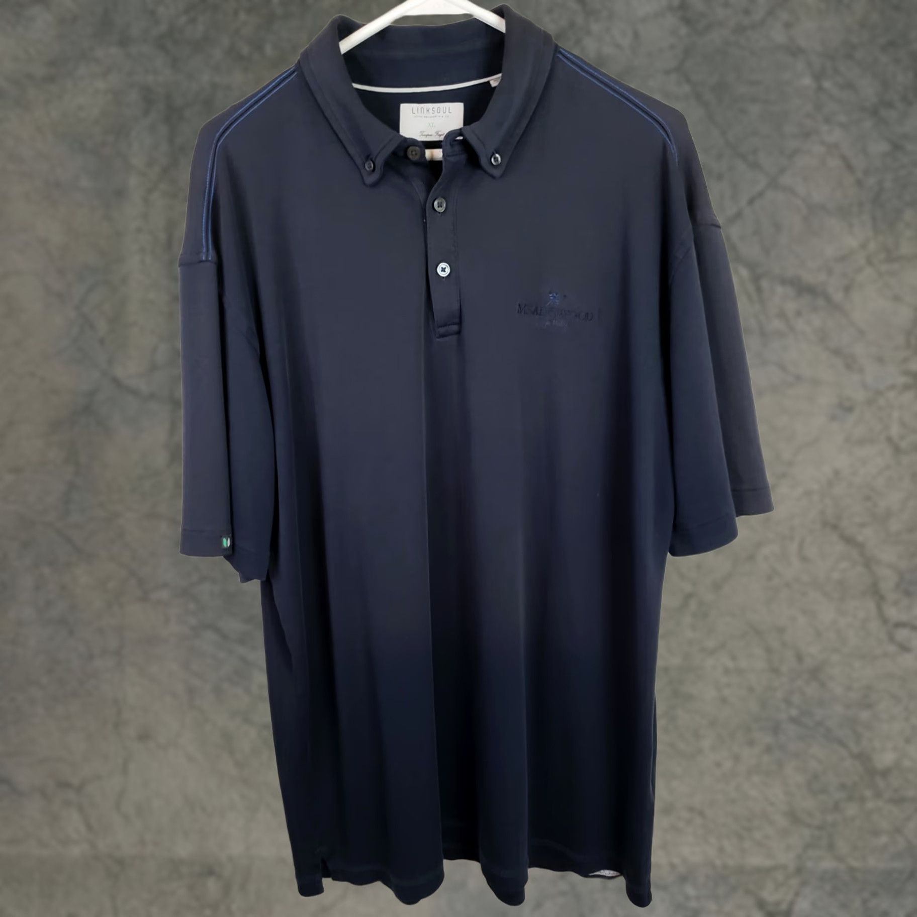 Vintage Linksoul Polo Shirt Mens XL Navy Blue Golf Button Down Collar No Iron Graphic Print Embroidered Logo Chest Personalization Size US XL / EU 56 / 4 - 1 Thumbnail