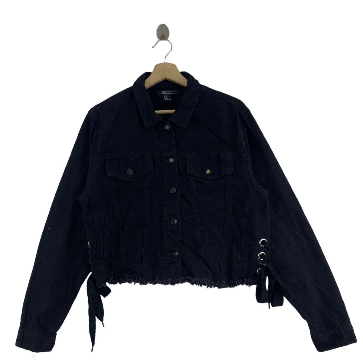 image of Denim Jacket x Forever 21 Forever21 Bondage Punk Coffee Types Print Black Denim Jeans, Women's (Siz
