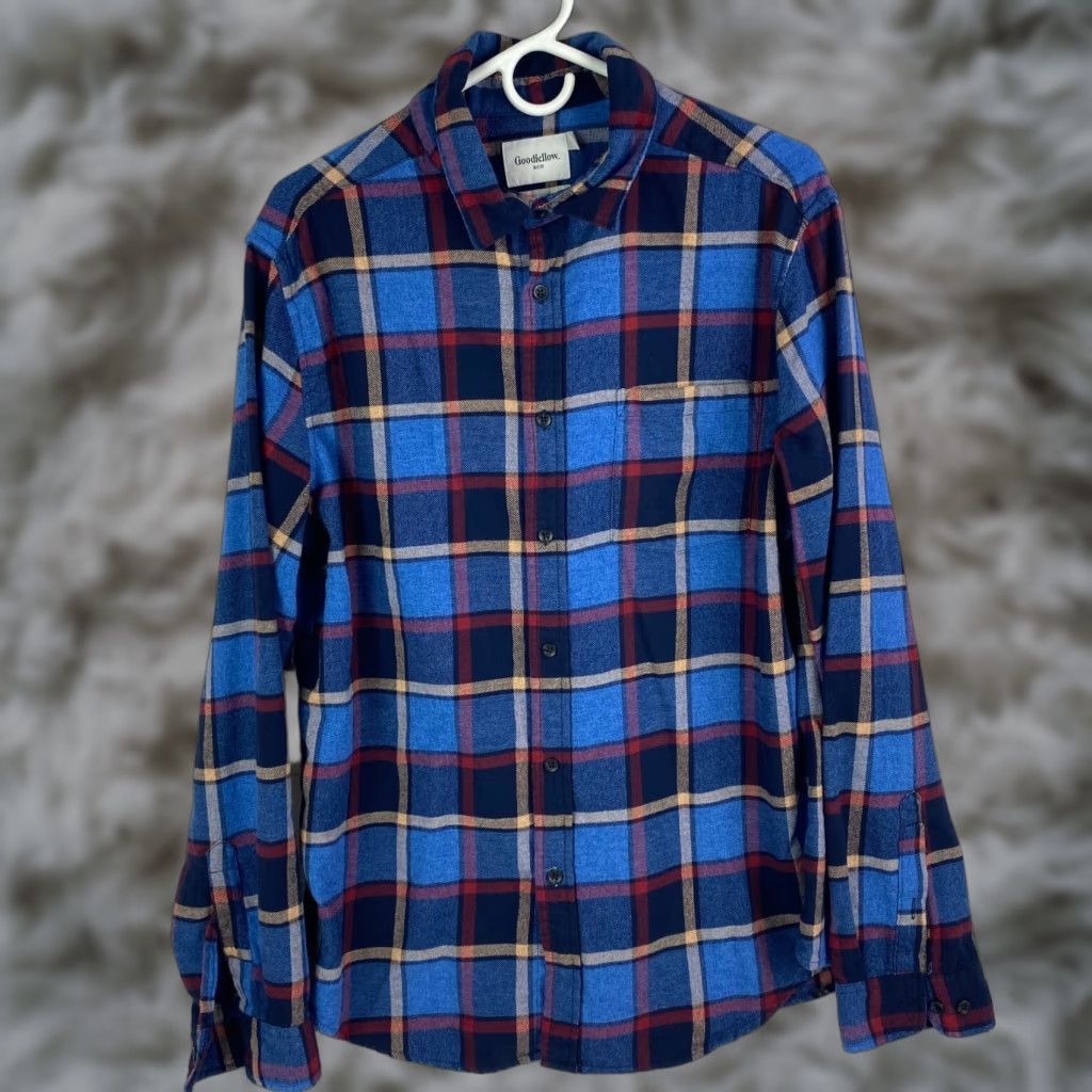Vintage VINTAGE Goodfellow Mens Plaid Flannel Button Down Shirt Long Sleeve Size L 100% Cotton Blue Men Apparel Regular Fit Durable Pockets 42 in Chest Mens Size US L / EU 52-54 / 3 - 1 Thumbnail