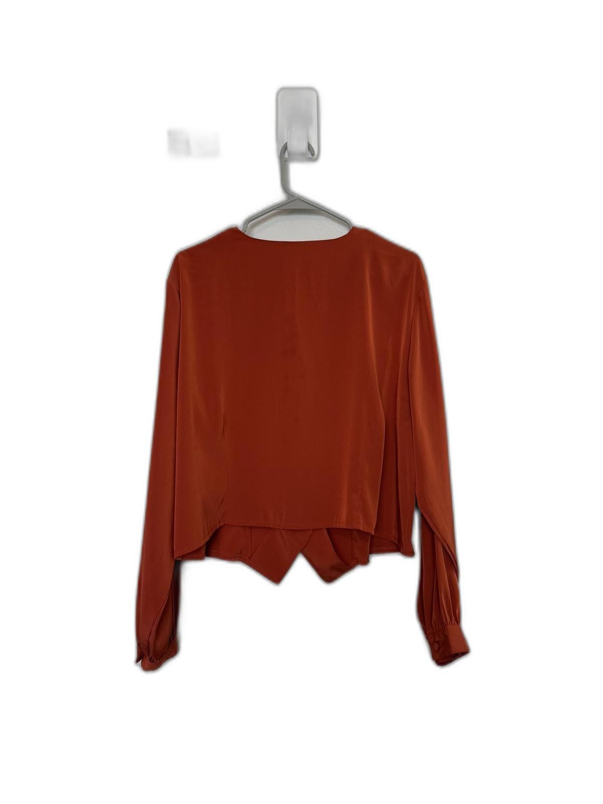 Designer Vintage 80s 90s silk dark orange women crop blouse. Size XL / US 12-14 / IT 48-50 - 3 Thumbnail