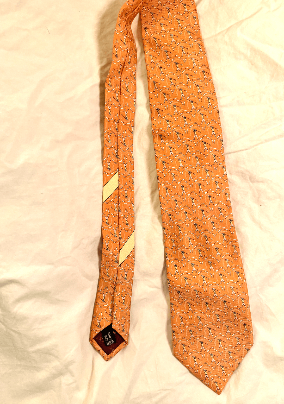 Hermes Ferragamo Golfers Silk Tie Orange Novelty Print Size ONE SIZE - 3 Thumbnail