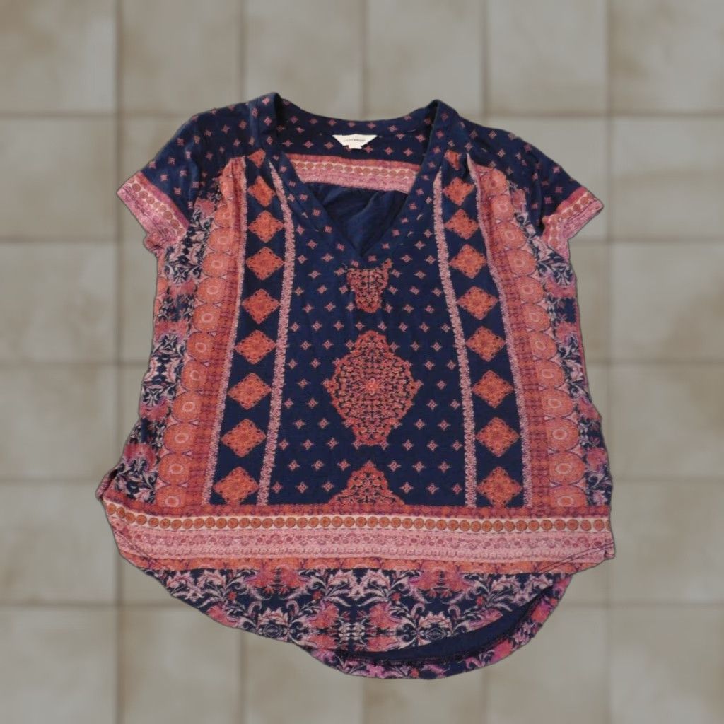 Lucky Brand Lucky Brand Blue Geometric Knit Pullover Cotton Linen Viscose Women Blouse Short Sleeve Round Neck Casual S Small Womens Regular Stretch Size S / US 4 / IT 40 - 1 Thumbnail