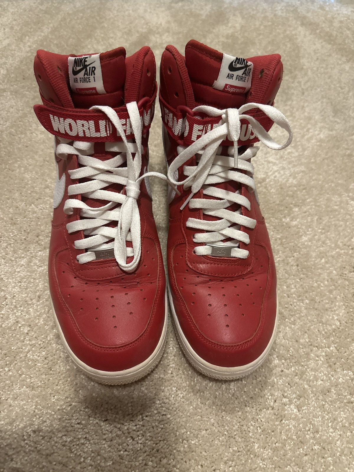 Nike × Supreme Supreme World Famous Red Nike Air Force 1 High Size US 12 / EU 45 - 2 Thumbnail