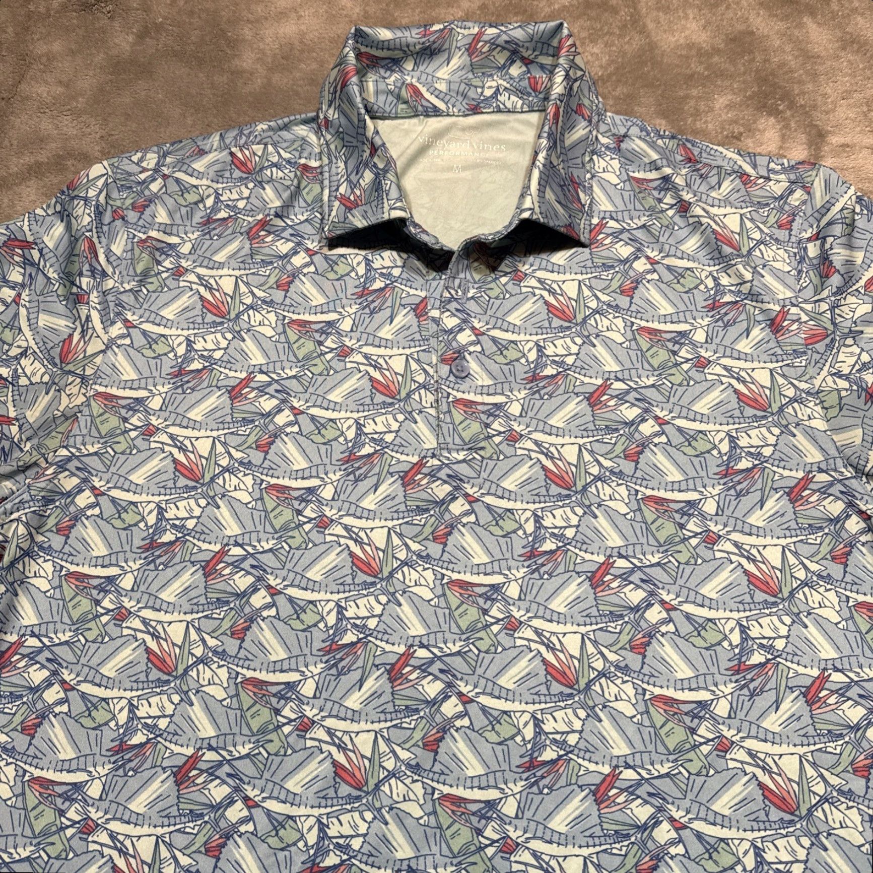 Vineyard Vines Vineyard Vines Polo Mens Medium Blue Geometric Floral Golf Preppy Fish Performance Size US M / EU 48-50 / 2 - 2 Thumbnail