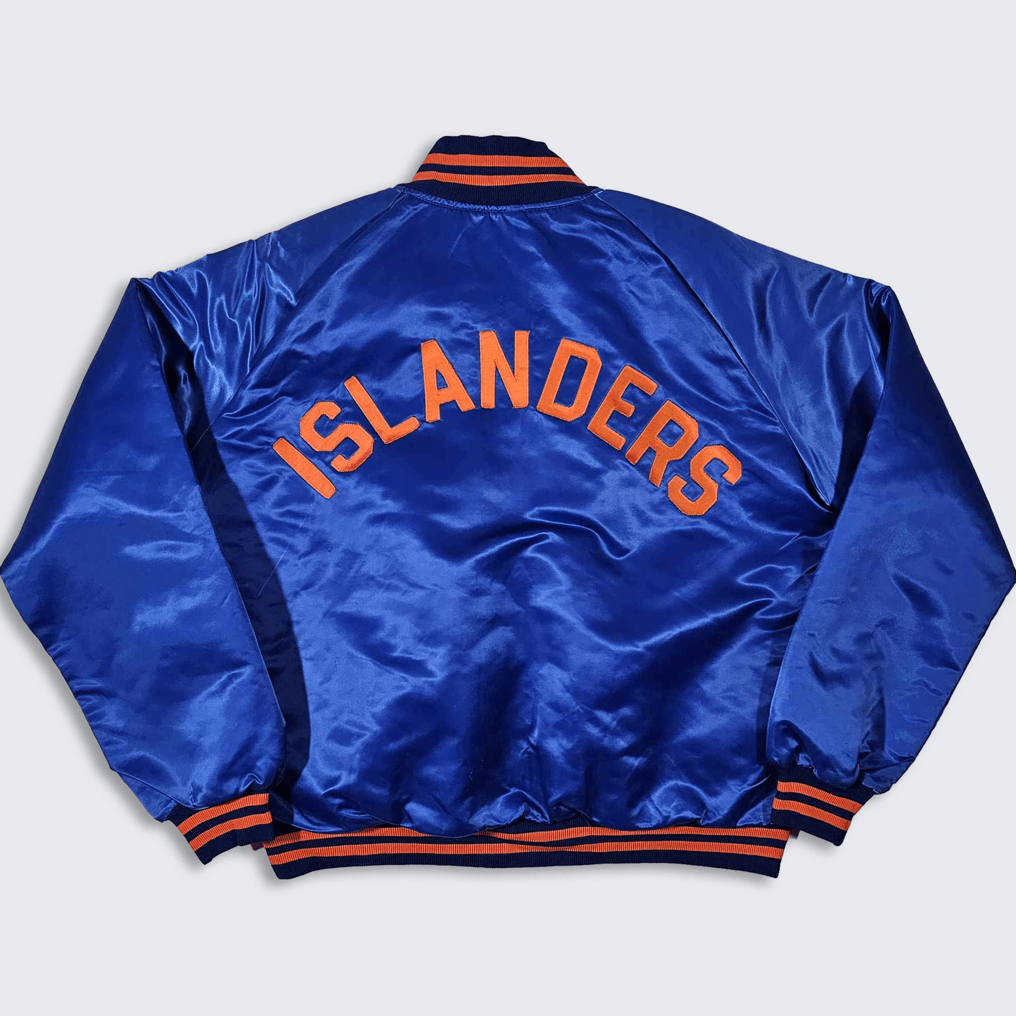 image of New York Islanders Vintage 80's Pyramid Satin Bomber Jacket in Blue Orange, Men's (Size XL)