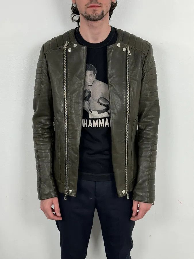 Balmain 2000s Balmain Khaki Quilted Biker Leather Jacket Size US M / EU 48-50 / 2 - 3 Thumbnail