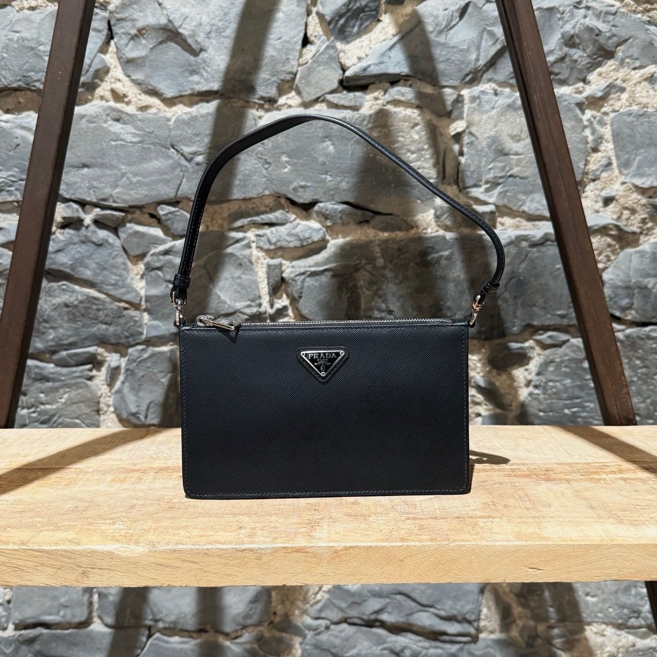 Prada Prada Black Saffiano Triangle Logo Mini Shoulder Bag Size ONE SIZE - 1 Thumbnail
