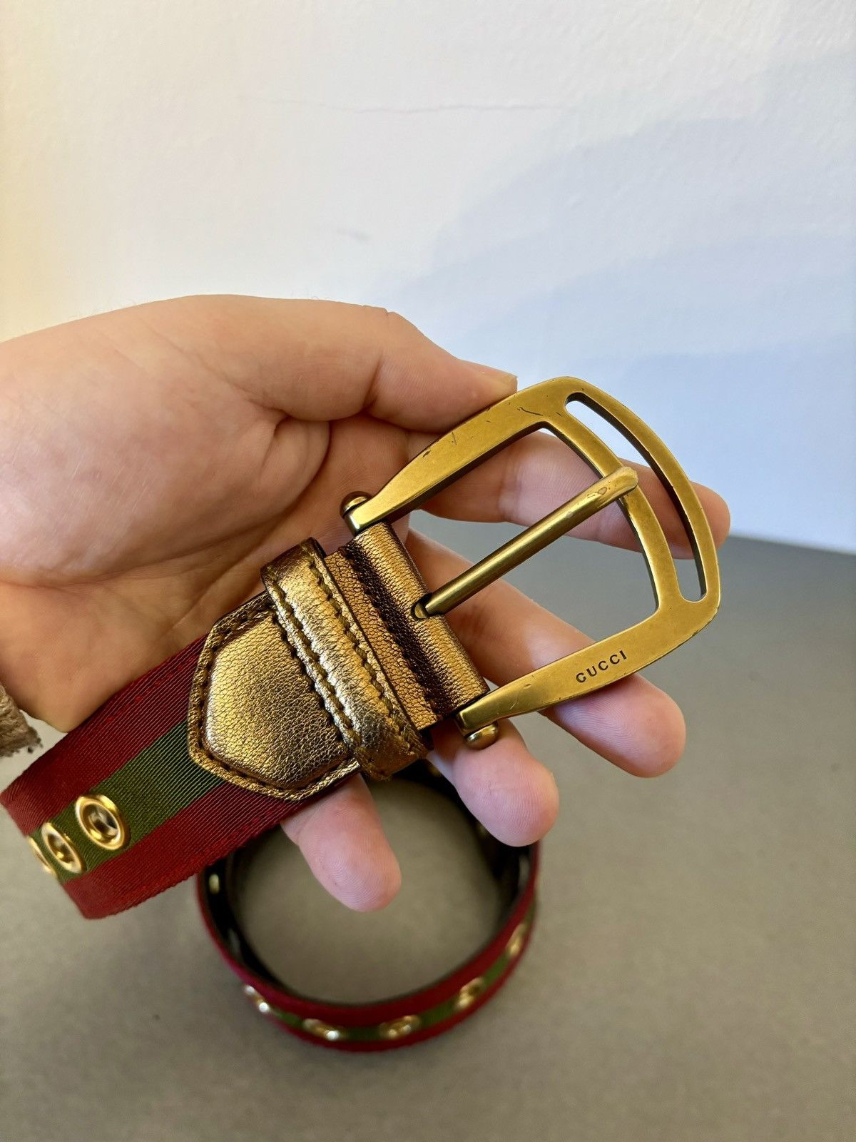 Gucci Rare Gucci Gold Leather and Canvas Web Grommet Buckle Size ONE SIZE - 3 Thumbnail