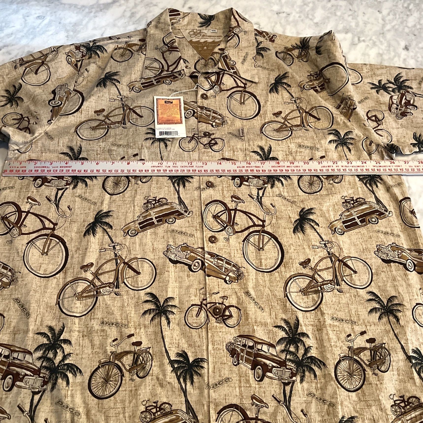 Vintage Pace Sports Wear Men’s XXL Button Short Sleeve Woodys Bicycles Palm Trees USA Shirt Men 2XLT Brown Cotton Blend Button-Up Casual Travel Size US 39 - 5 Thumbnail